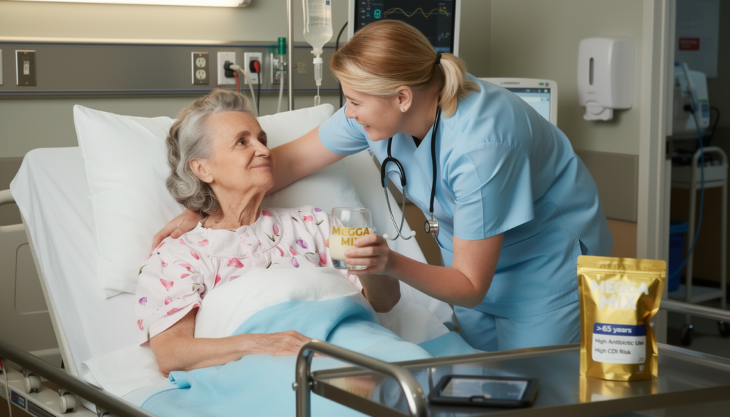 hospital nurse administering megga mix to elderly patient high cdi risk protocol