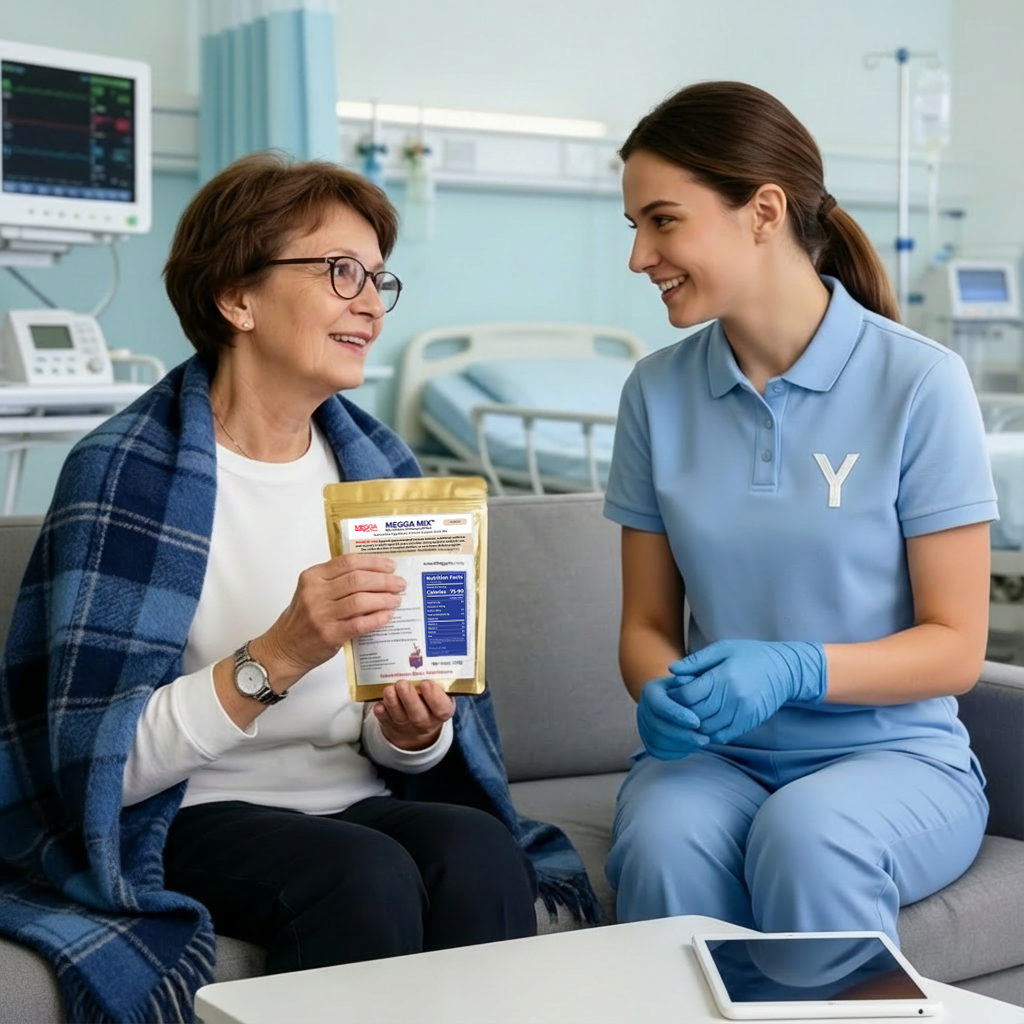 nurse visiting elderly patient hospital room smiling conversation